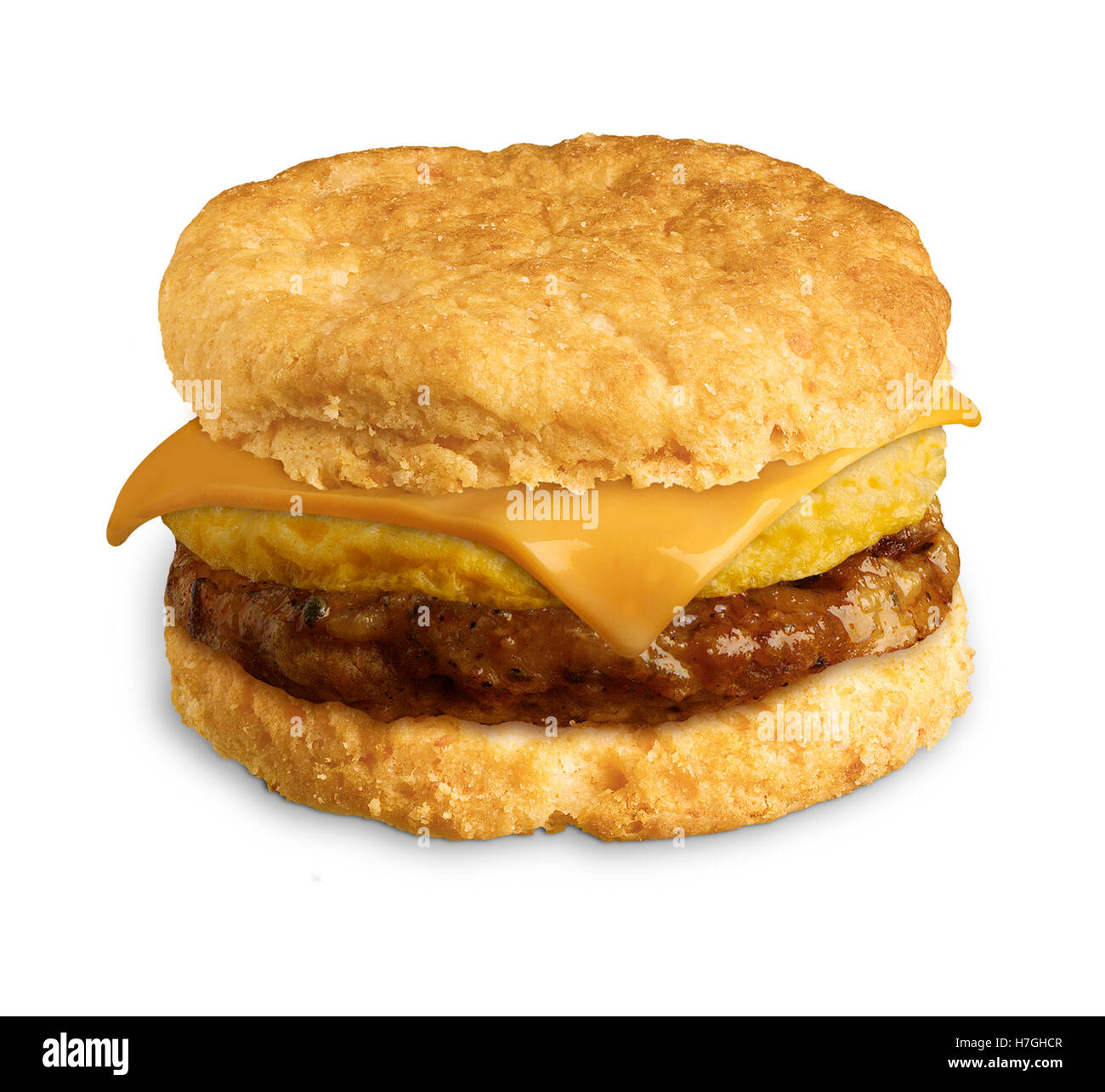 Ei Wurst und Käse auf einem Buscuit Sandwich Stockfoto