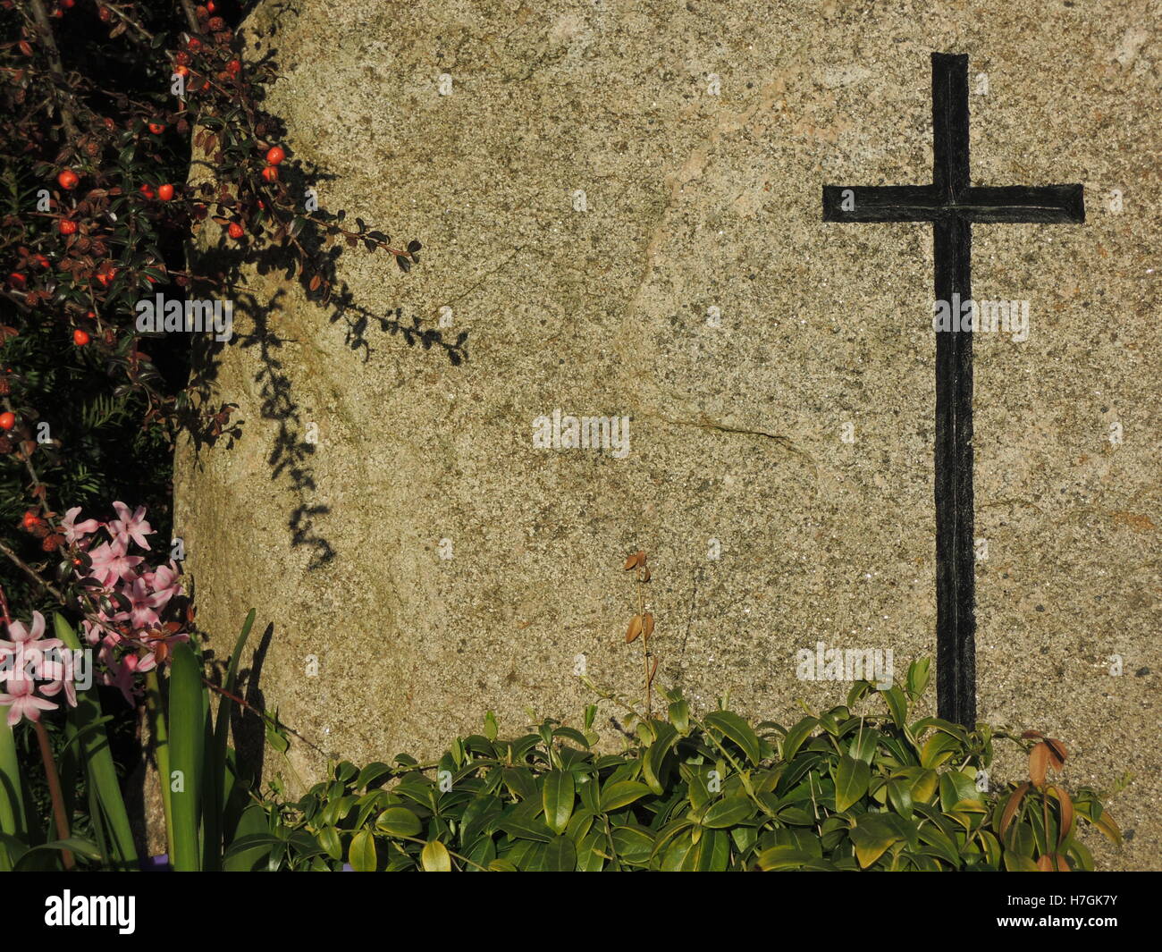 Schwarzes Kreuz auf Granit Hintergrund (Grabstein/Grabstein) mit einigen Pflanzen auf der Seite eingraviert. Stockfoto