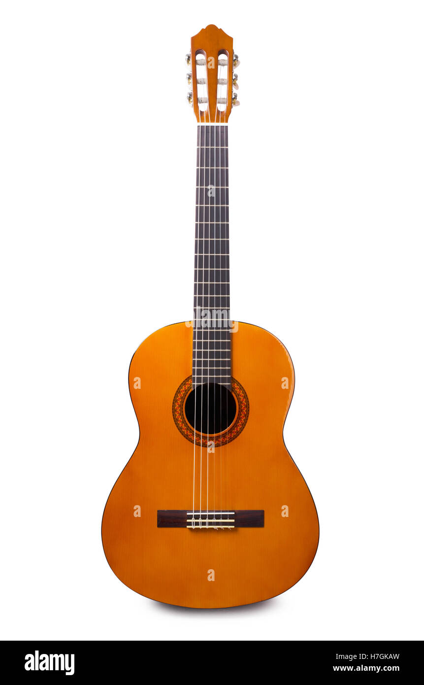 Orange Akustikgitarre isoliert auf weißem Hintergrund Stockfoto