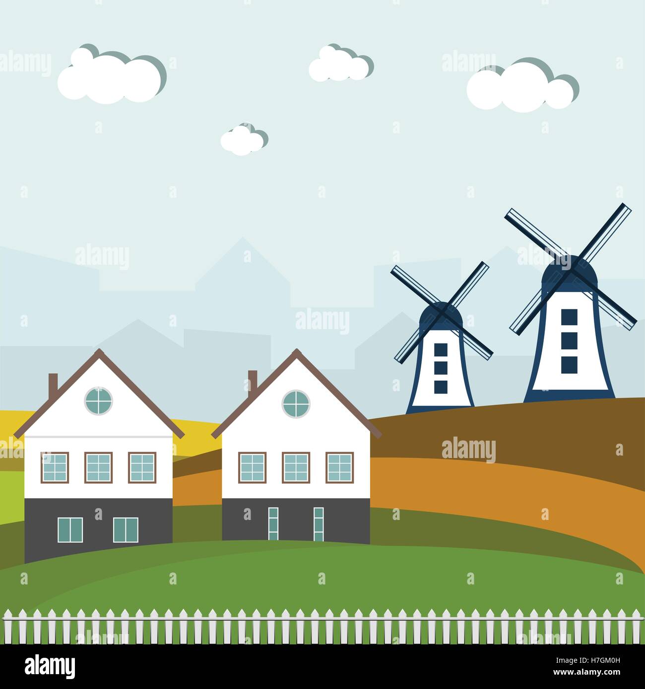 Bunte Felder mit Windmühlen und Häuser Stock Vektor