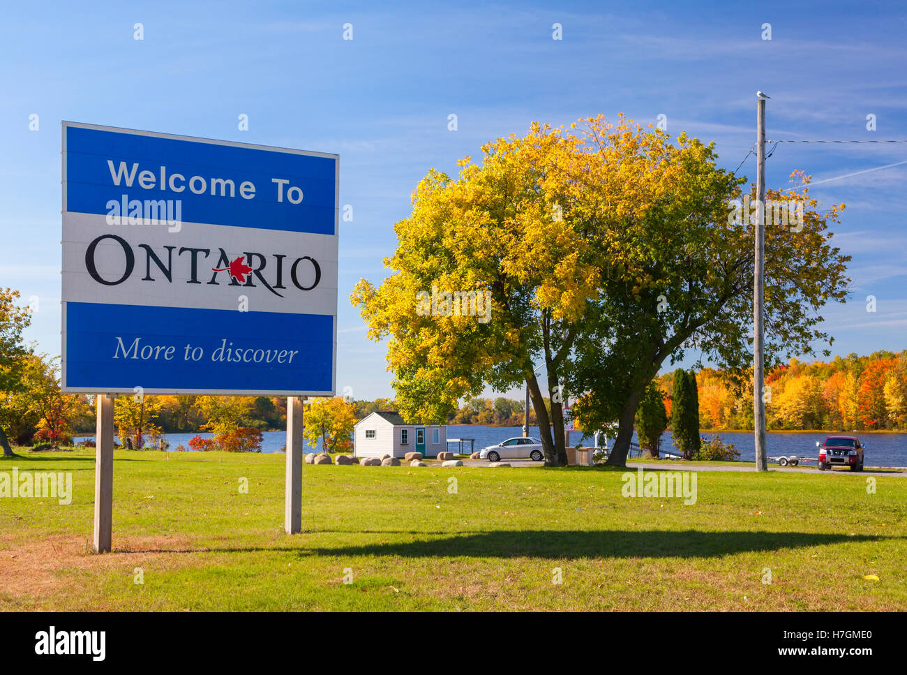 Ein Willkommen an Ontario Zeichen in Hawkesbury, Ontario, Kanada. Stockfoto