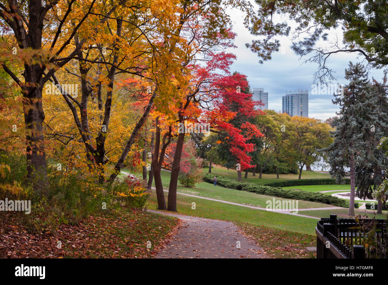 Ein Pfad und Herbstfarben im High Park, Toronto, Ontario, Kanada. Stockfoto