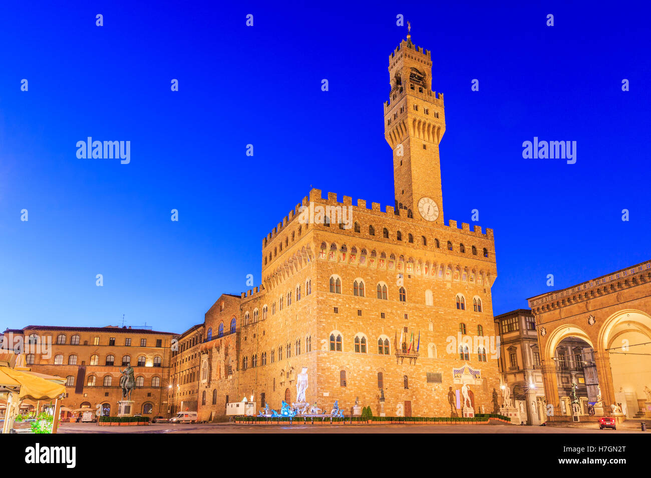 Palazzo Vecchio in Florenz in der Dämmerung. Toskana, Italien Stockfoto
