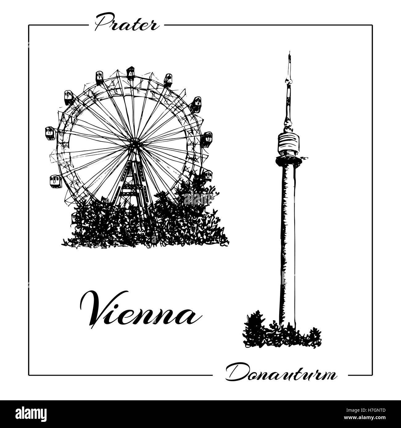 Wiener Prater und Donauturm. Handgezeichnete Skizze Vektorgrafik. kann verwendet werden, Werbung, Postkarten, Drucke Stockfoto