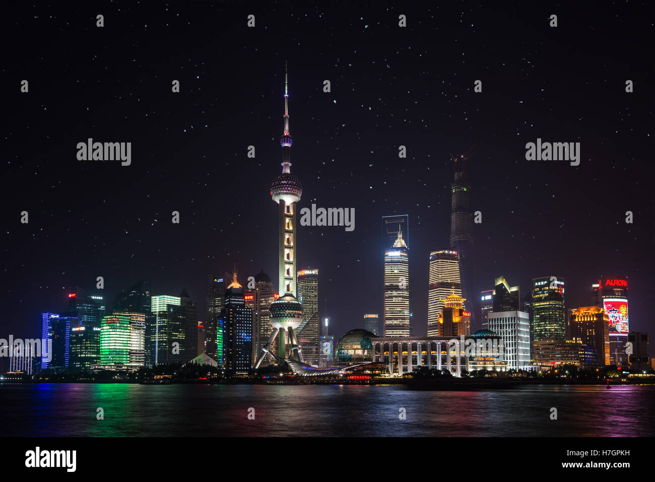 Skyline Shanghais Wahrzeichen bei Nacht Stadtlandschaft, China. Stockfoto