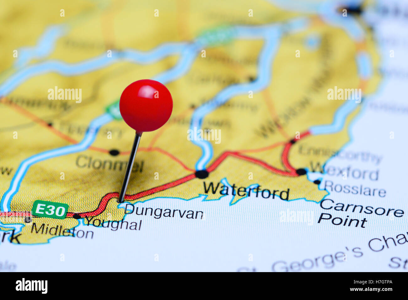 Dungarvan fixiert auf einer Karte von Irland Stockfoto