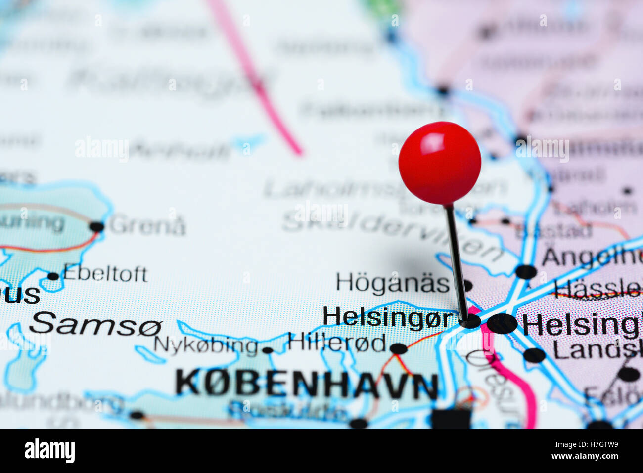 Helsingor fixiert auf einer Karte von Dänemark Stockfoto