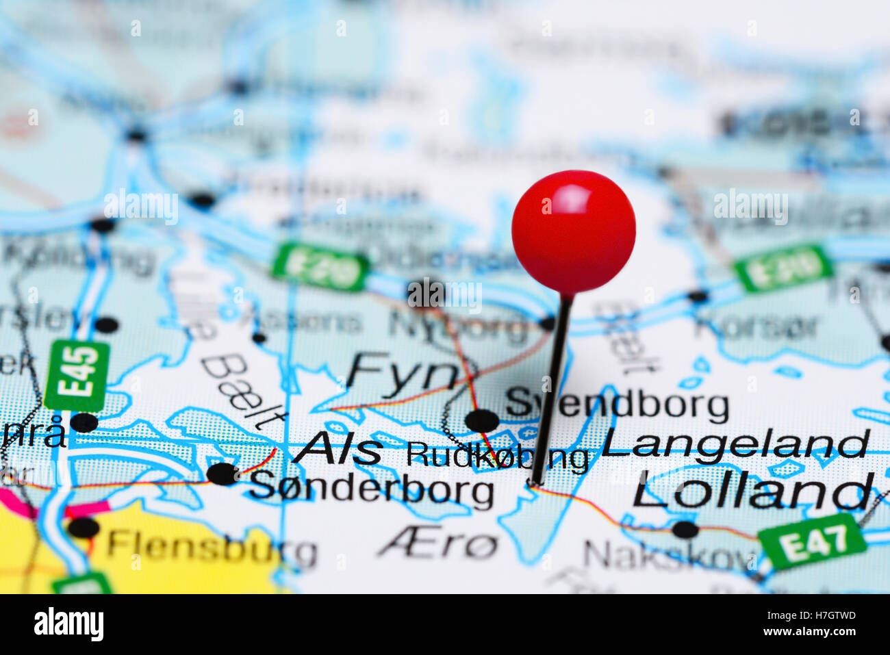 Rudkobing fixiert auf einer Karte von Dänemark Stockfoto