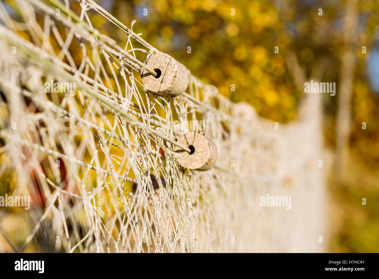 Kleine Kork schwimmt auf Netzstrümpfe zum Trocknen gehängt. Flachen Fokus auf Schwimmer und unscharfen Hintergrund. Stockfoto