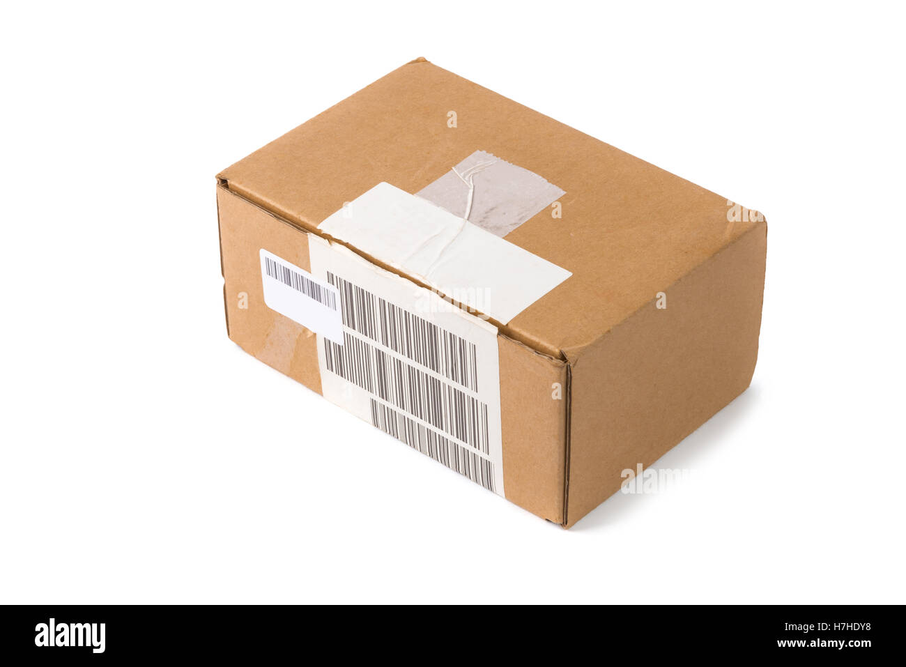 Wellpappe Karton Paket mit Barcode isoliert auf weißem Hintergrund Stockfoto