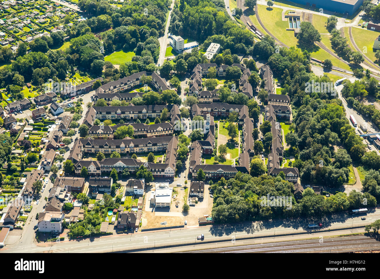 Luftaufnahme, Duisburg-Hüttenheim Siedlung Hüttenheim, historischen Bergbausiedlung, ehemalige Fabrik Siedlung Hüttenheim, Stockfoto