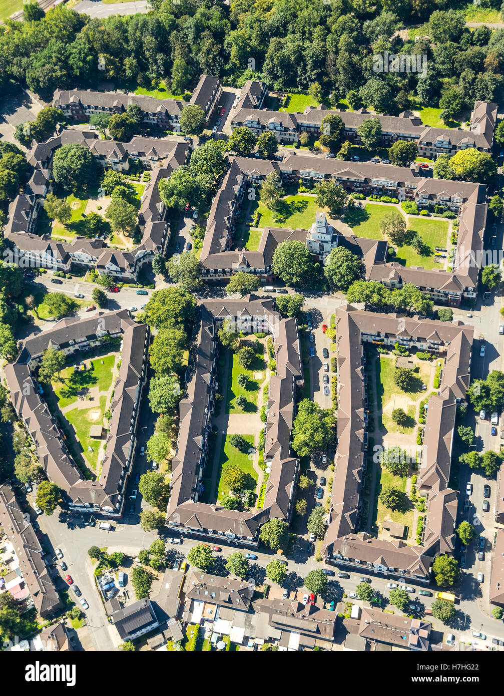 Luftaufnahme, Duisburg-Hüttenheim Siedlung Hüttenheim, historischen Bergbausiedlung, ehemalige Fabrik Siedlung Hüttenheim, Stockfoto