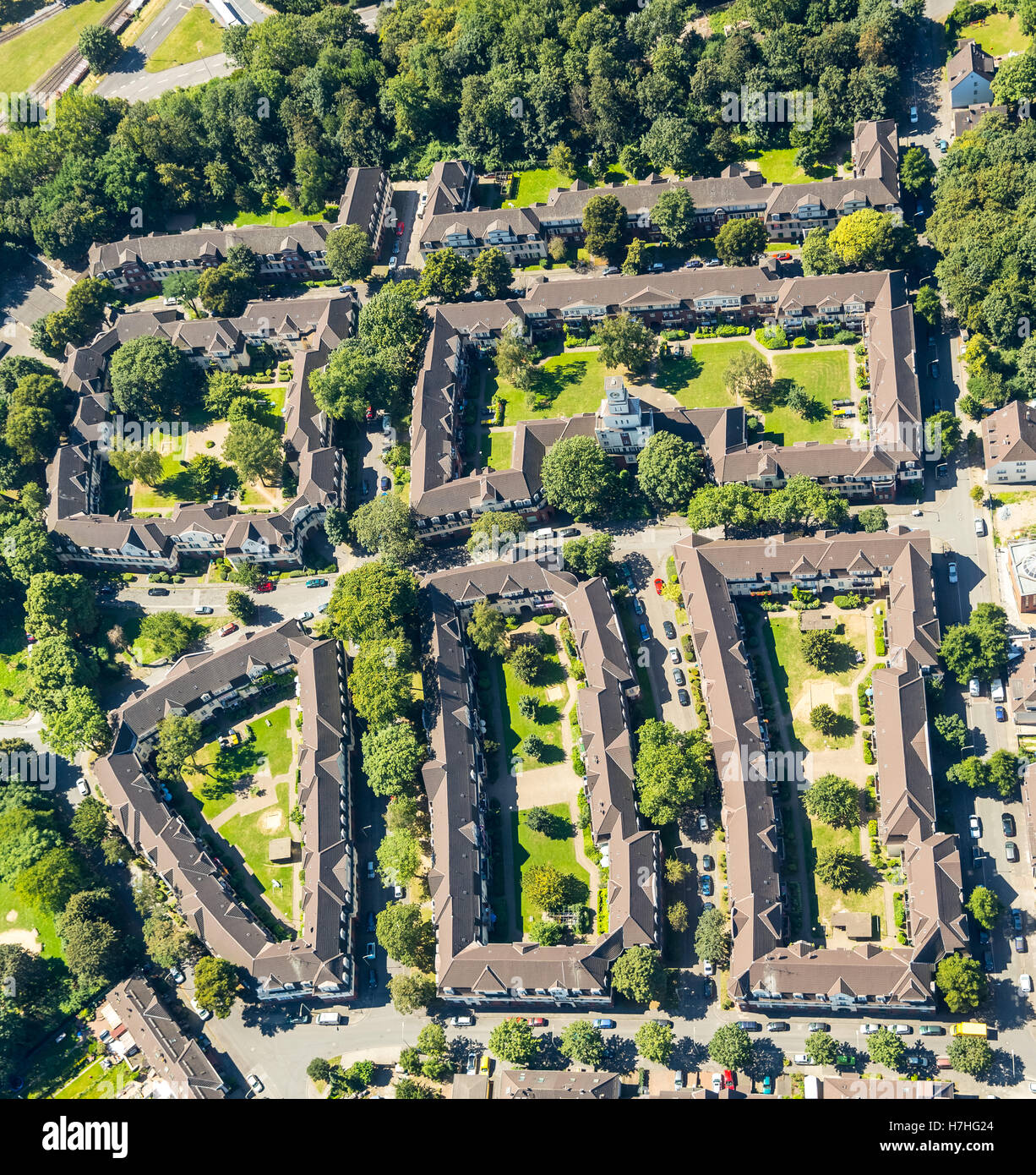 Luftaufnahme, Duisburg-Hüttenheim Siedlung Hüttenheim, historischen Bergbausiedlung, ehemalige Fabrik Siedlung Hüttenheim, Stockfoto
