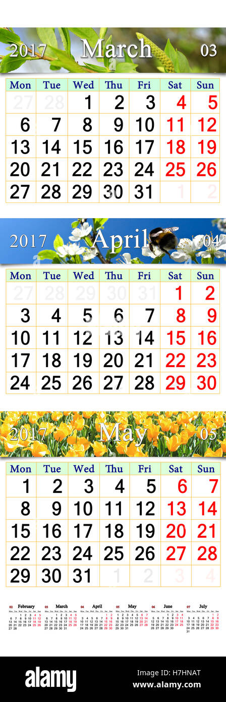 Bürokalender für März April und Mai 2017 mit Bildern der Natur Stockfoto