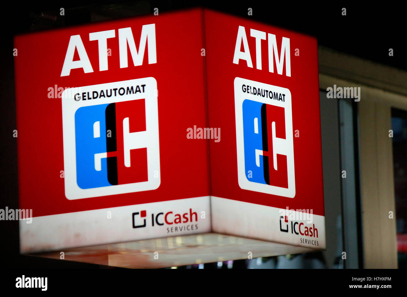Das Logo der Marke "ATM EG", Berlin. Stockfoto