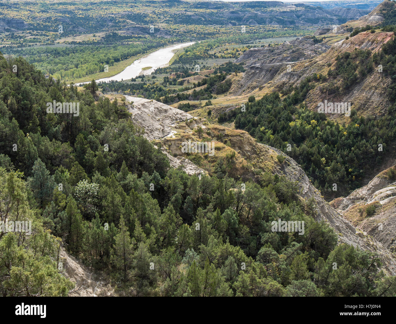 Ansicht von Little Missouri River Valley, Nord-Einheit, Theodore-Roosevelt-Nationalpark, North Dakota. Stockfoto