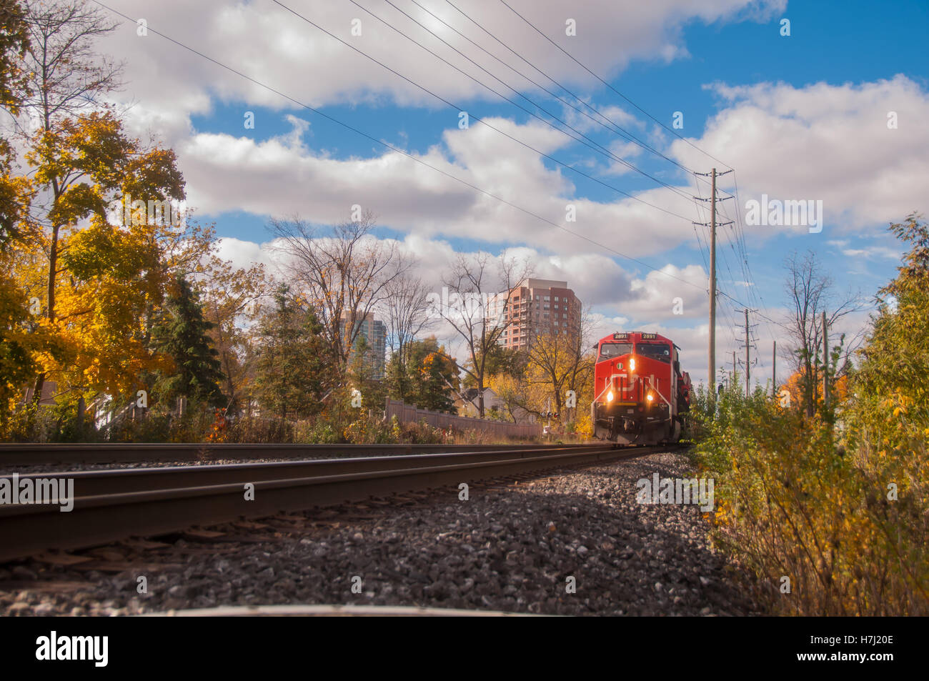 Trainieren Sie im Herbst kommen in Richtung Kamera. Stockfoto