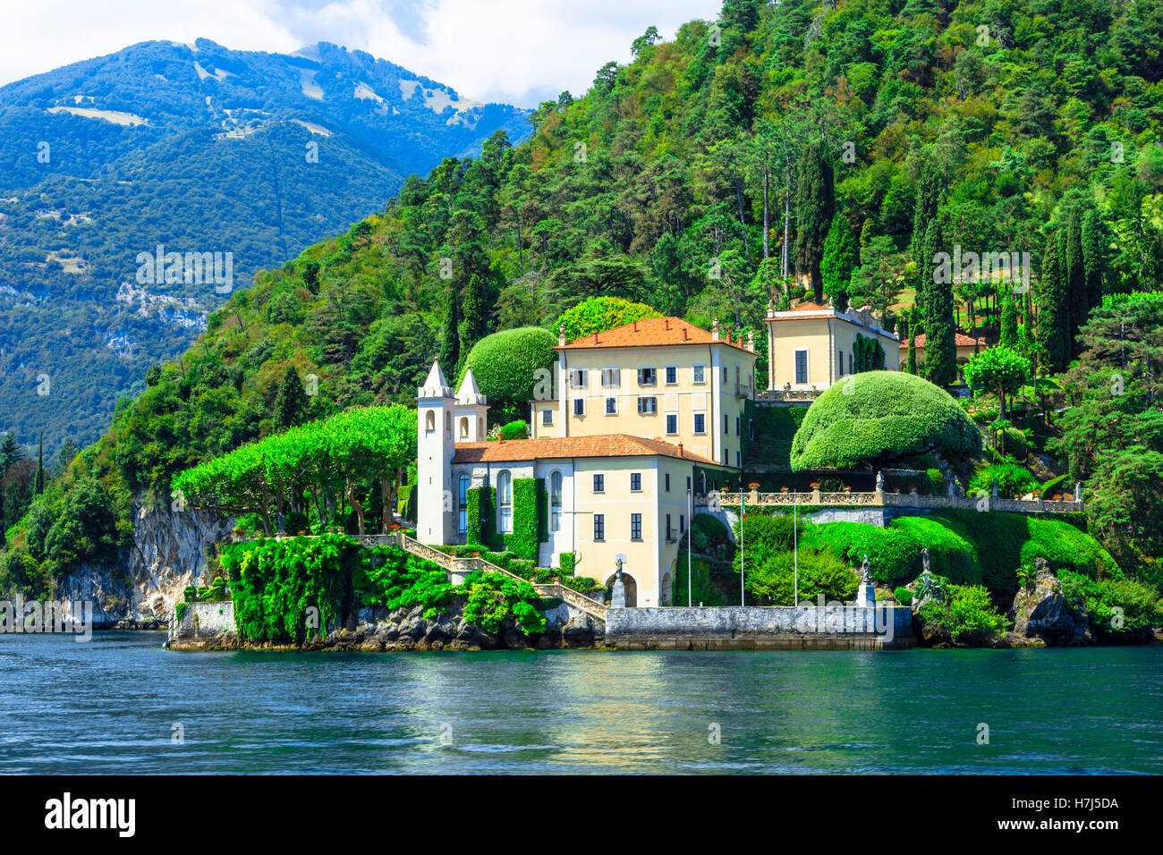 Schöne Landschaft des Lago di Como und Villen, Balbinello, Lenno Stockfoto