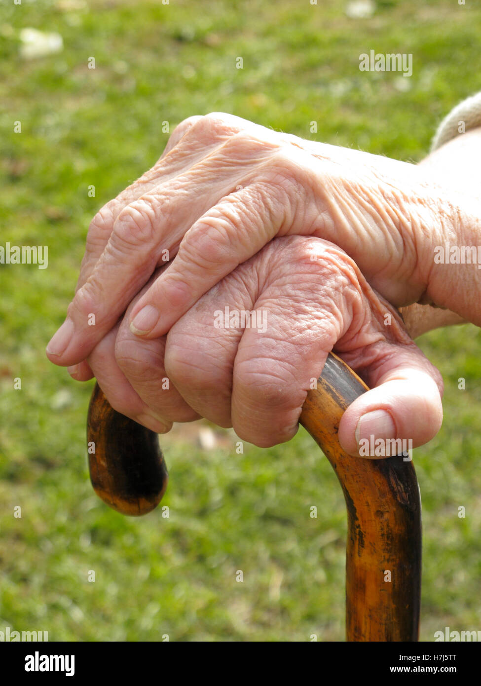Hände einer alten Frau auf einen Spazierstock Stockfoto