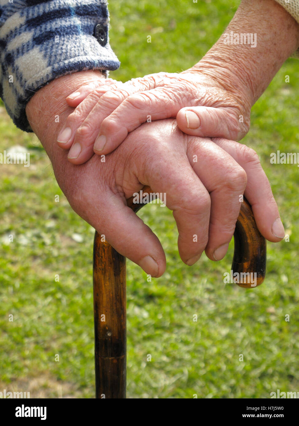 Hände von einem älteren paar auf einen Spazierstock Stockfoto