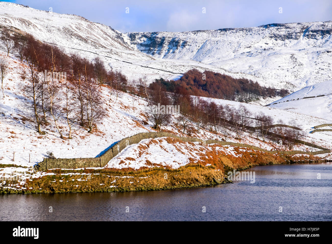 Auf der Suche von Kinder Reservoir in Richtung Kinder Sturz im Winter. Peak District National Park, UK Stockfoto