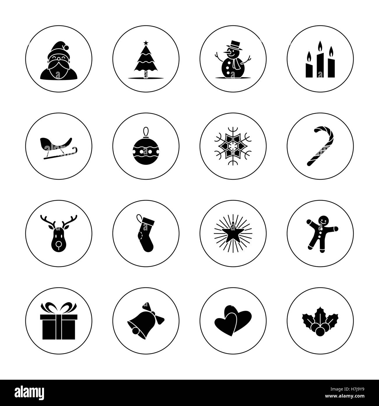 Weihnachten und Neujahr Symbolsatz Vektor-Illustration - schwarz mit Kreis-frame Stock Vektor