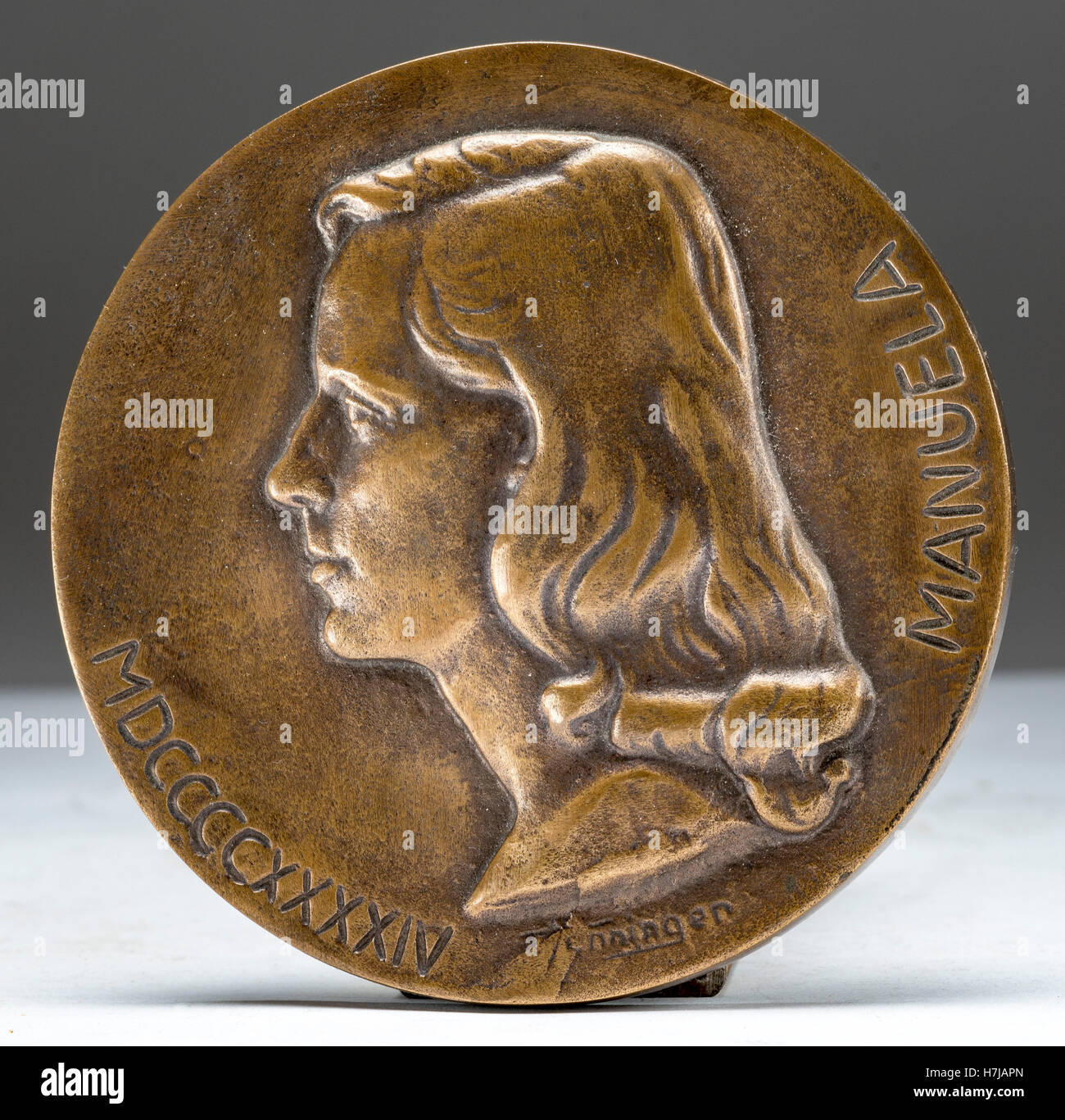 Manuela Henninger-Loos Porträt, Bronze Medaillon 1944 des französischen Bildhauers Jean Henninger Stockfoto