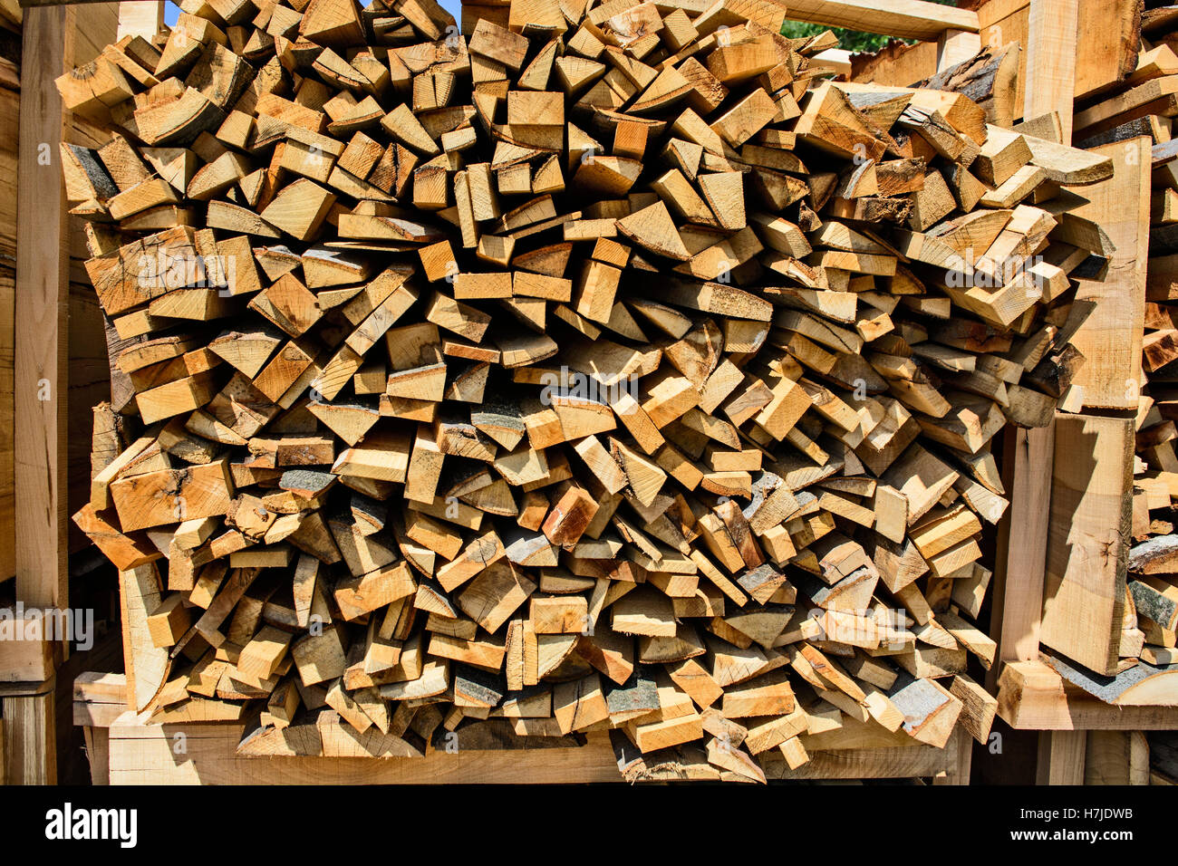Holzschnitt auf dem Betriebshof des Protokolls und zum Verkauf bereit. Stockfoto