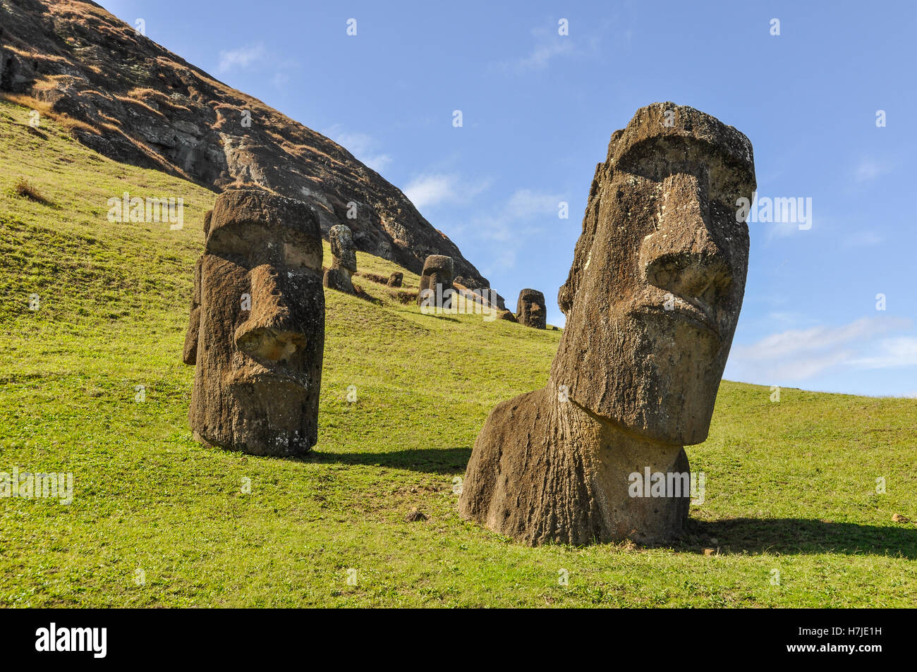 Moai Statuen in Vulkans Rano Raraku in Osterinsel, Chile Stockfoto