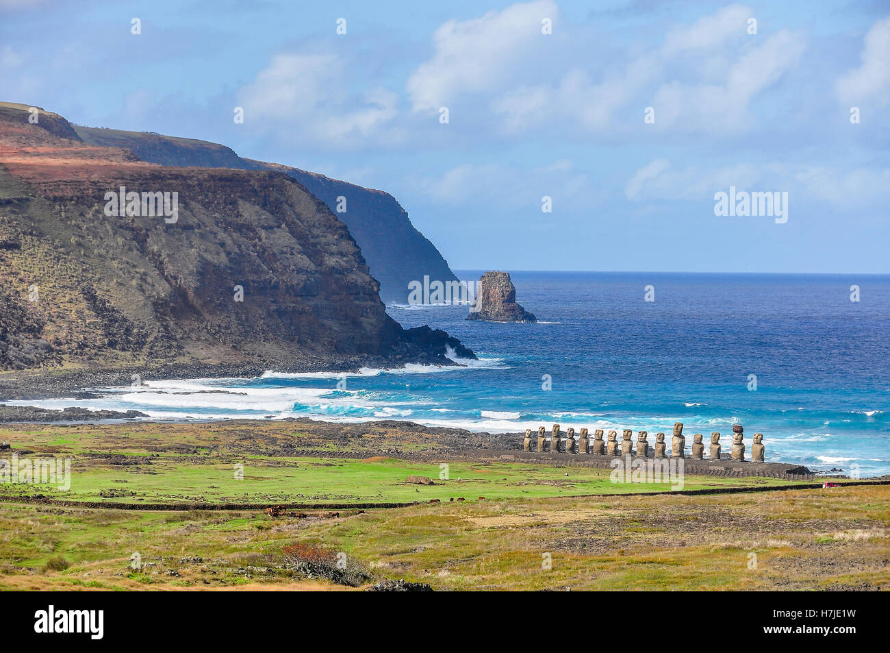 Moai-Statue Ruinen in Vaihu Website, auf der Küste der Osterinsel, Chile Stockfoto
