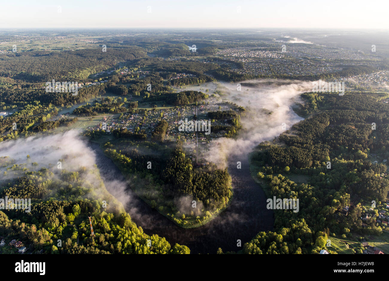 Morgennebel über den Fluss und Wald Stockfoto