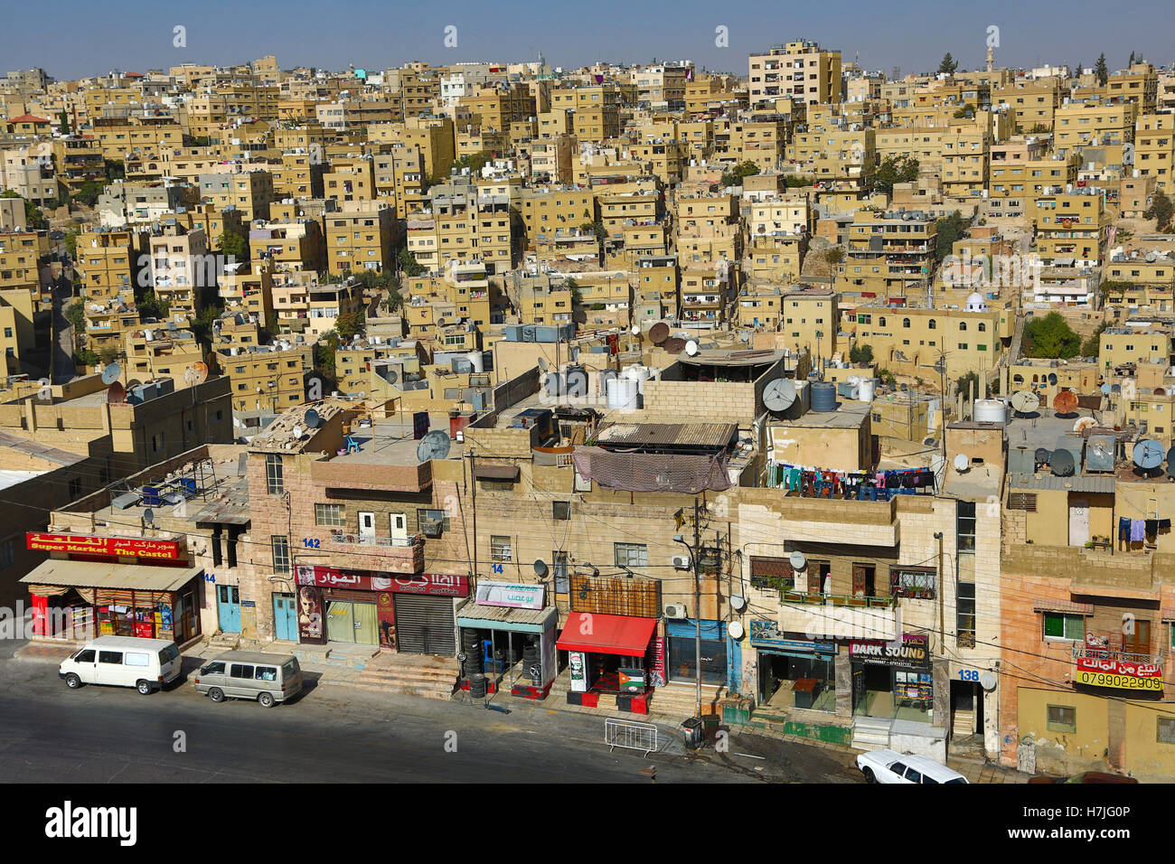 Stadtbild von Häusern und Gebäuden in der Altstadt, Amman, Jordanien Stockfoto