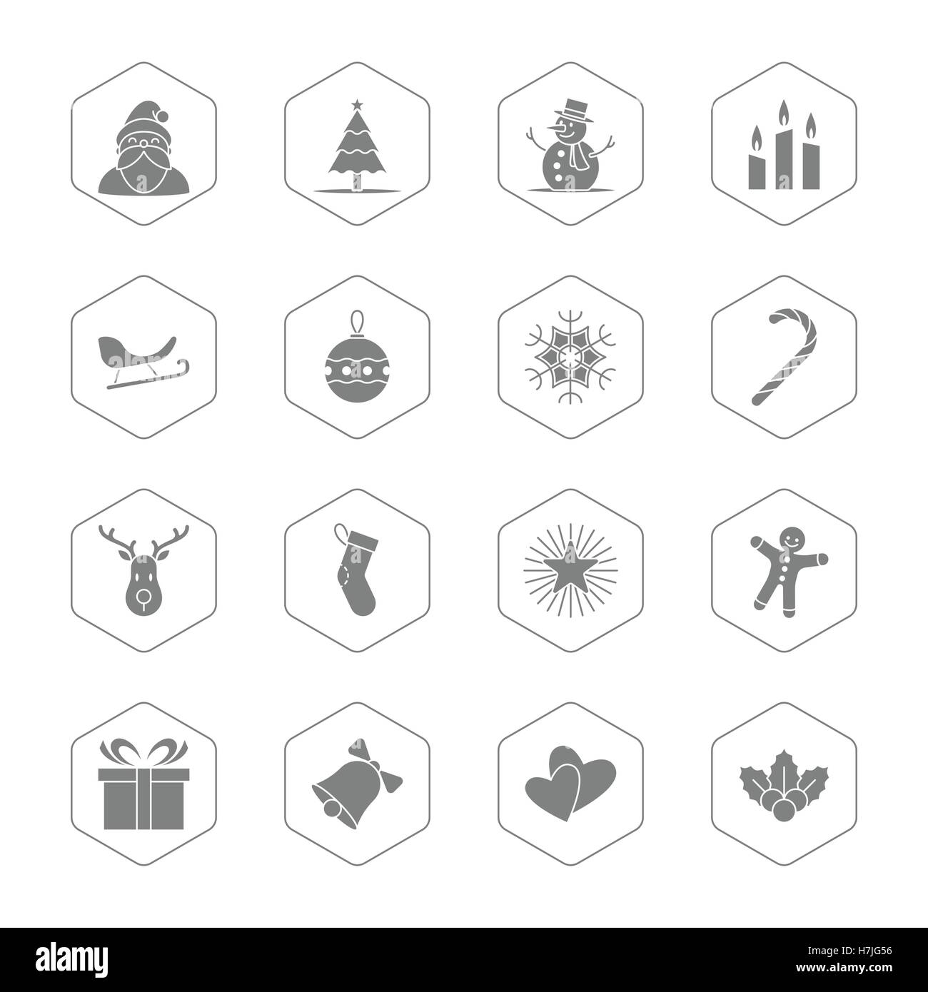 Weihnachten und Neujahr Symbolsatz Vektor-Illustration - grau mit Sechseck-frame Stock Vektor