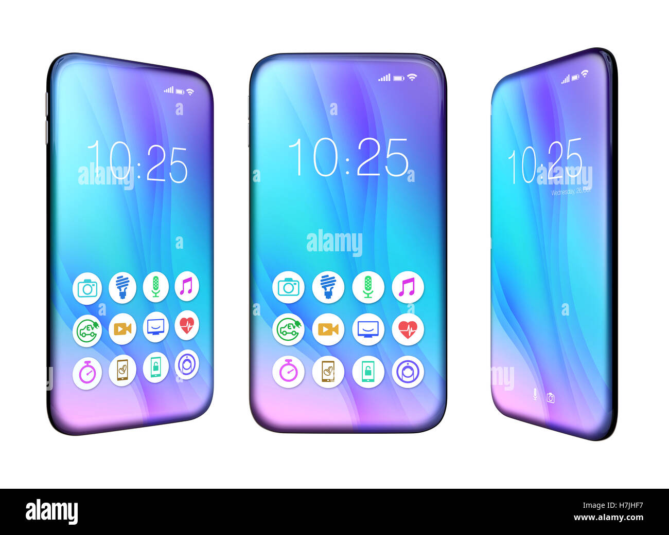 Smartphone mit voller Display-Design isoliert auf weißem Hintergrund. 3D-Rendering Bild mit Beschneidungspfad. Stockfoto