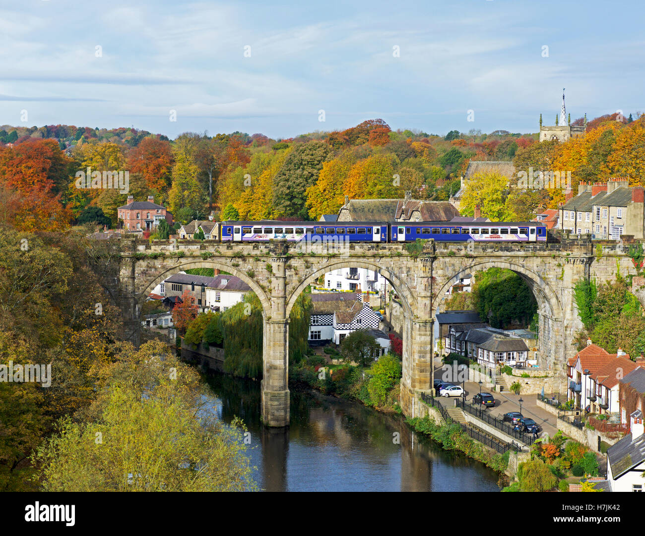 Trainieren Sie auf Eisenbahnviadukt über den Fluss Nidd, Knaresborough, North Yorkshire, England UK Stockfoto