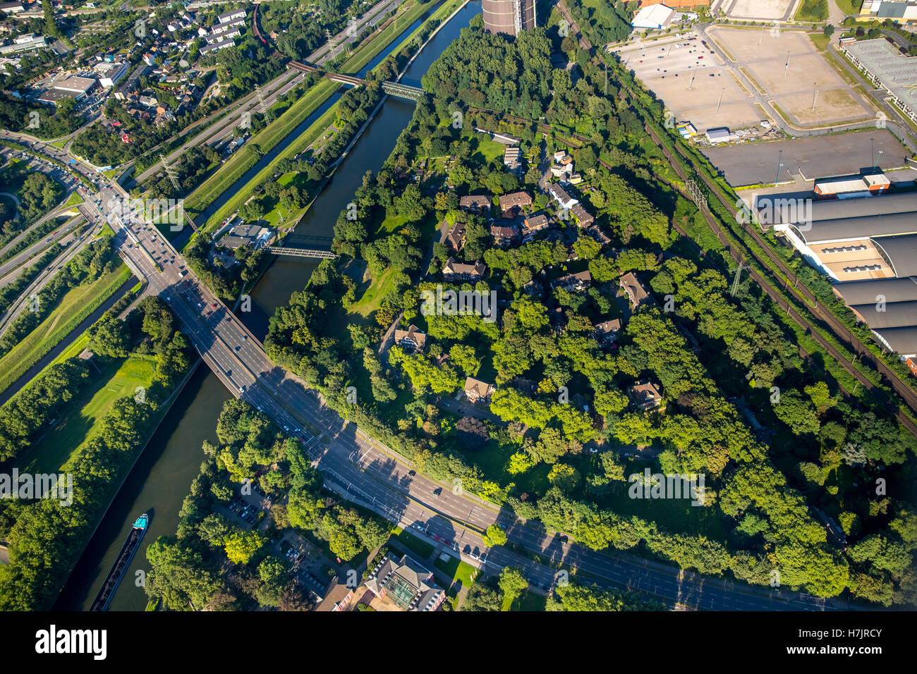 Luftbild, Oberhausen Beamten Kolonie Grafenbusch, historische Siedlung und Arbeitnehmer Siedlung für Gutehoffnungshütte Stockfoto