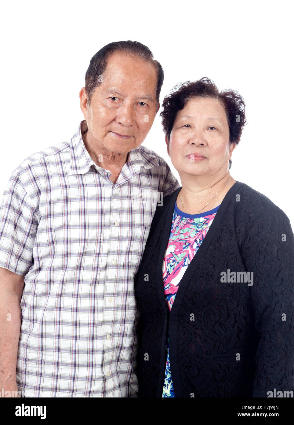 Ehepaar senior asiatischen Portrait, isoliert auf weiss. Stockfoto