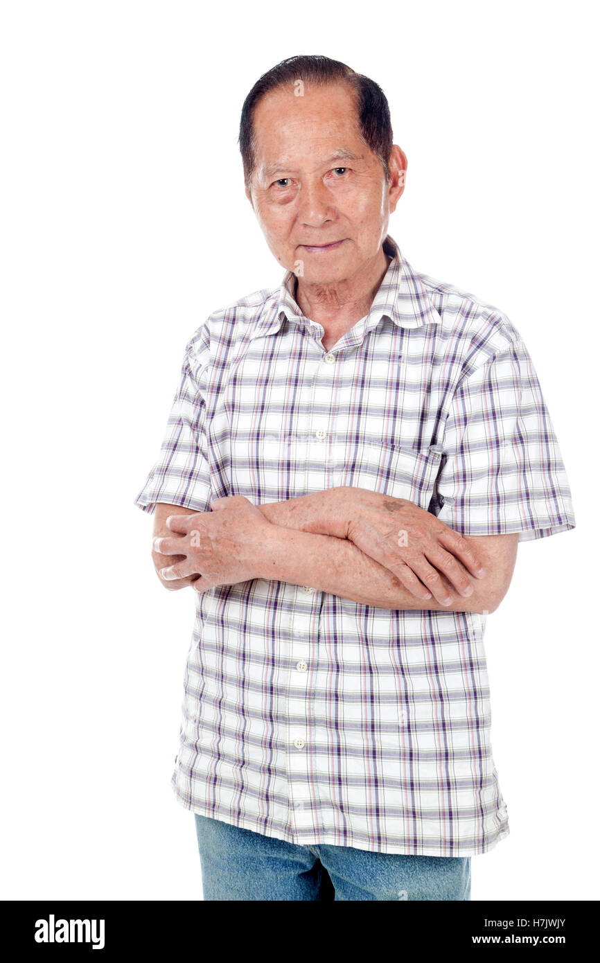 Porträt der Senior asiatischen Mannes, isoliert auf weißem Hintergrund Stockfoto