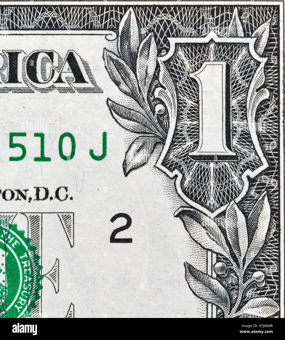 USA 1 Dollar Bill Ecke, Makro Nahaufnahme Stockfoto
