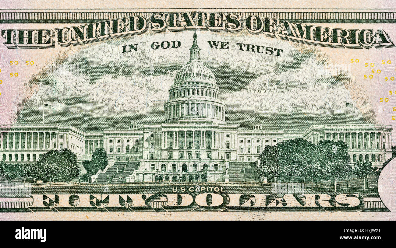 U.S. Capitol auf Rückseite fünfzig Dollar Bill Nahaufnahme Makro Stockfoto