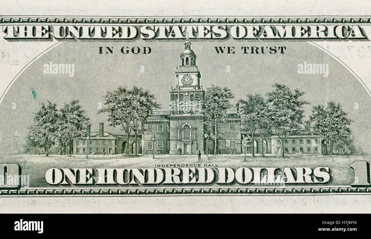 US-Independence Hall auf Rückseite 100 US-Dollar Bill Nahaufnahme Makro Stockfoto
