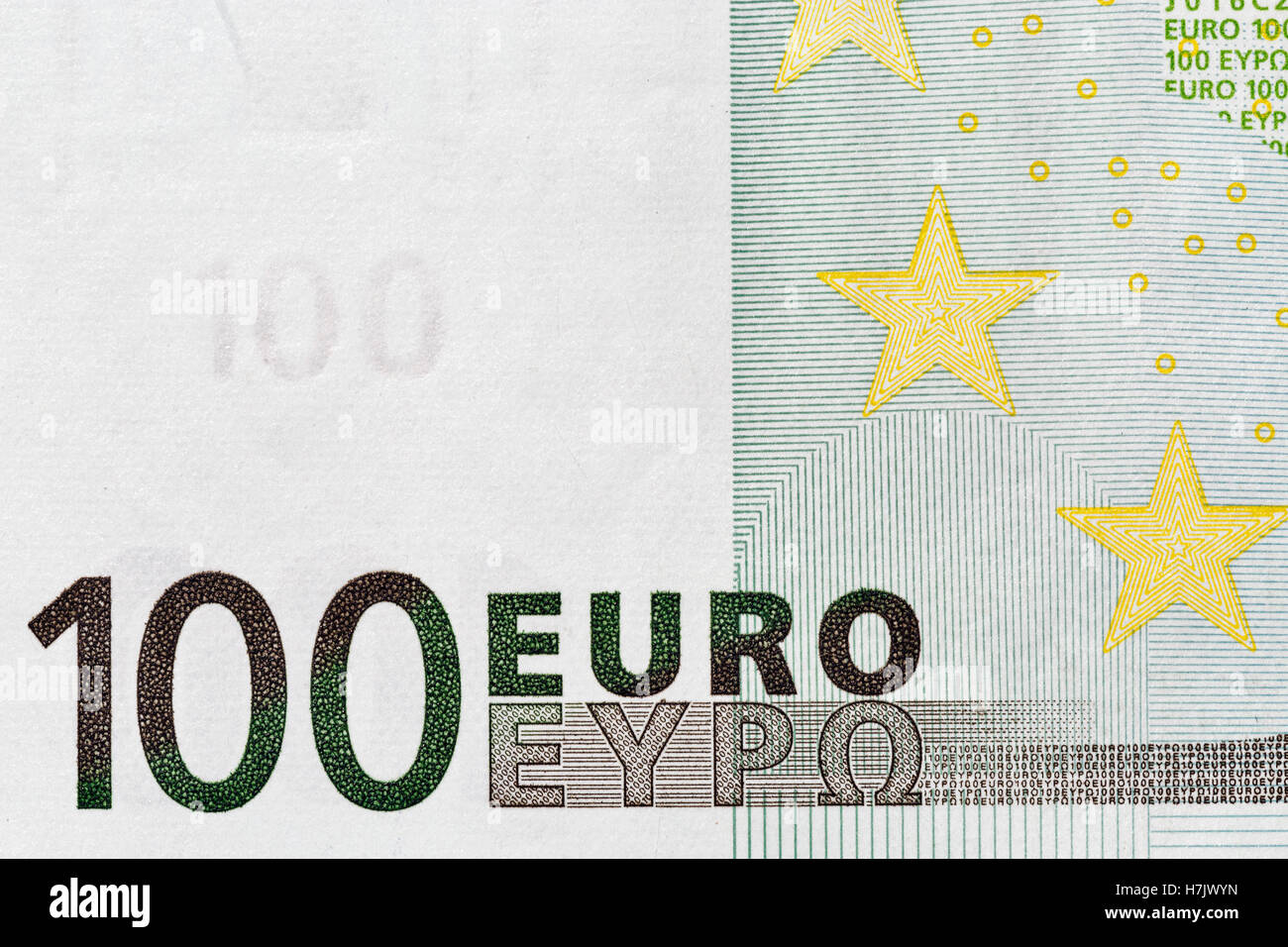 100 Euro Banknote Fragment Closeup, Vorderseite Stockfoto