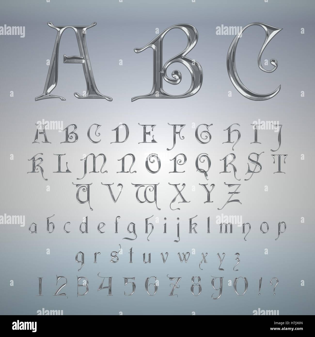 Elegante Silber-Platin-Font, Alphabet, ABC und Numers Vektor Stock Vektor