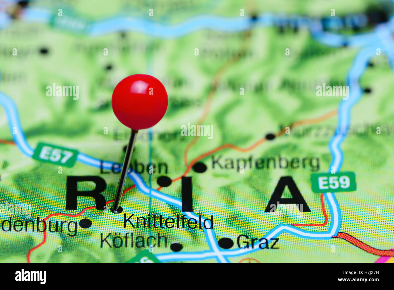 Knittelfeld, fixiert auf einer Karte von Österreich Stockfoto