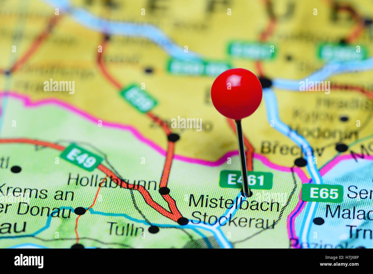Mistelbach, fixiert auf einer Karte von Österreich Stockfoto