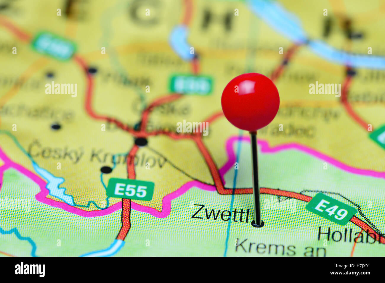 Zwettl, fixiert auf einer Karte von Österreich Stockfoto