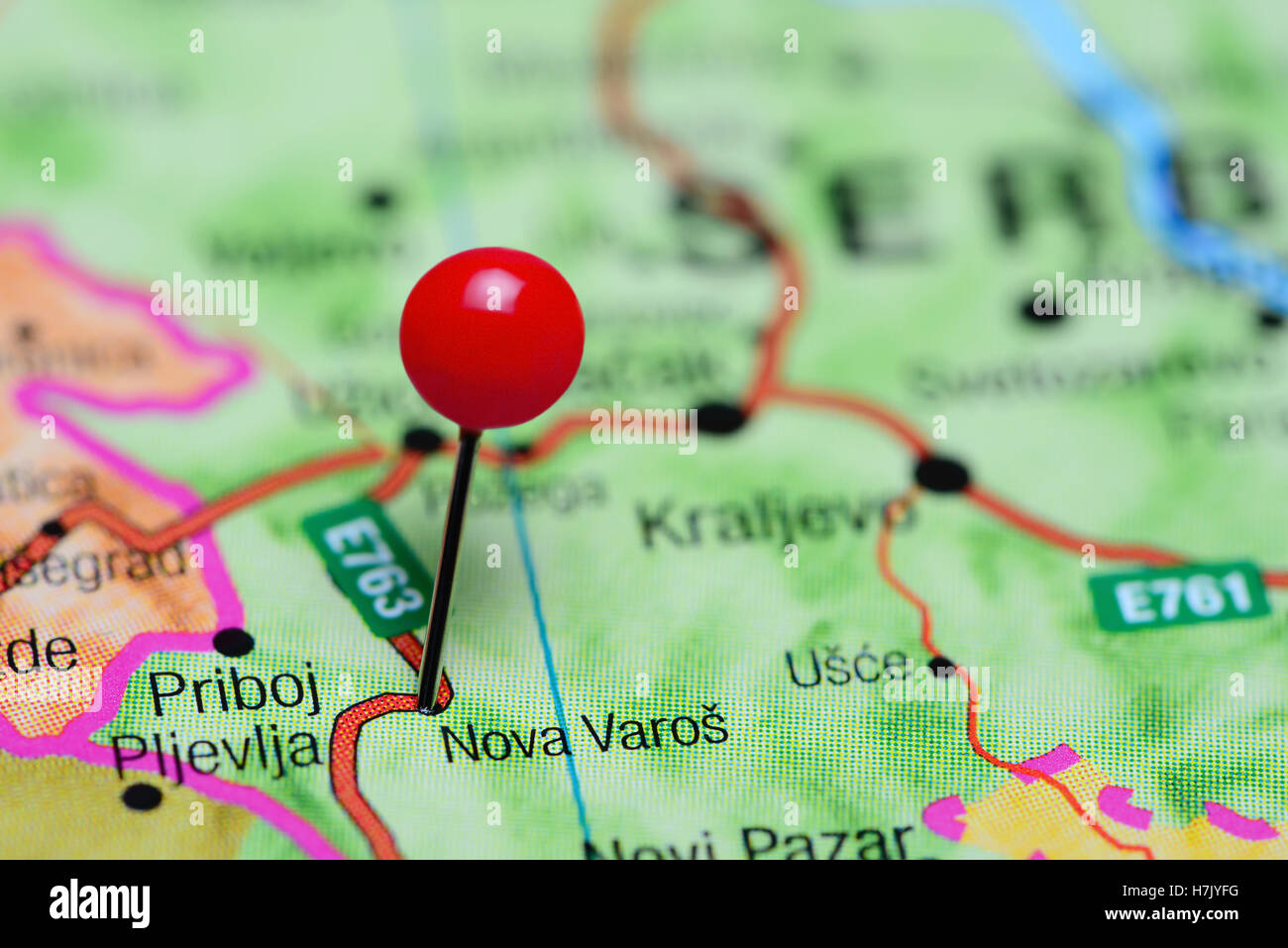 Nova Varos fixiert auf einer Karte von Serbien Stockfoto