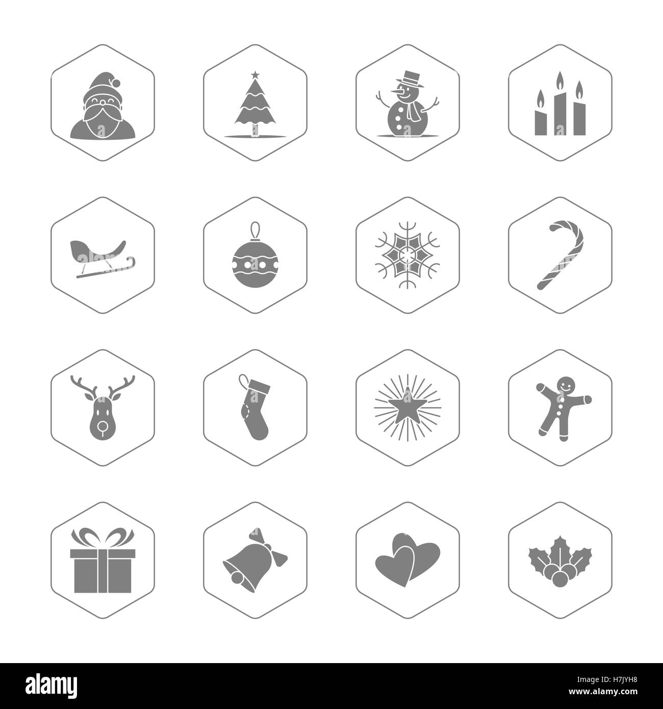 Weihnachten und Neujahr Symbolsatz Illustration - grau mit Sechseck-frame Stockfoto
