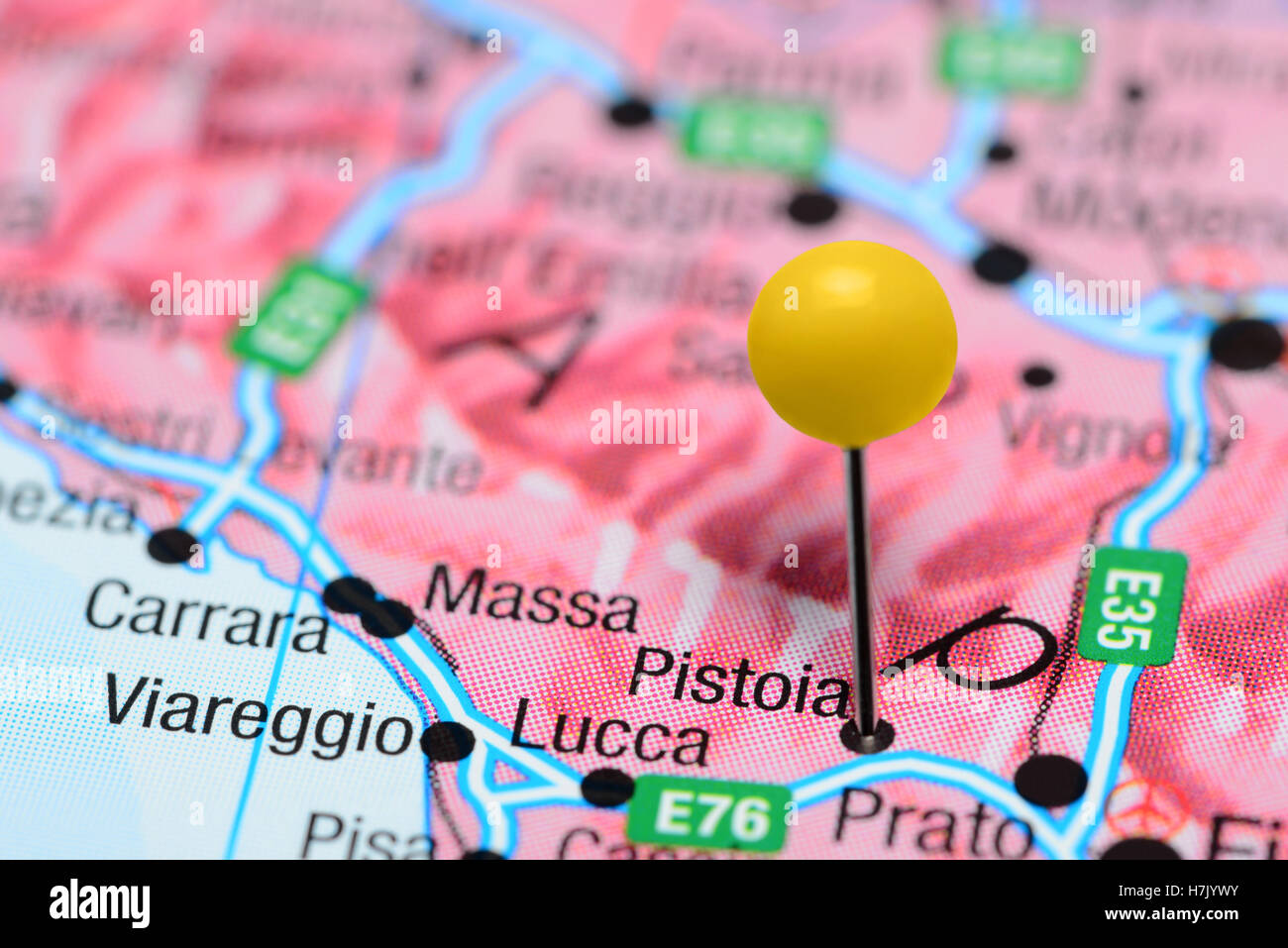 Pistoia, fixiert auf einer Karte von Italien Stockfoto