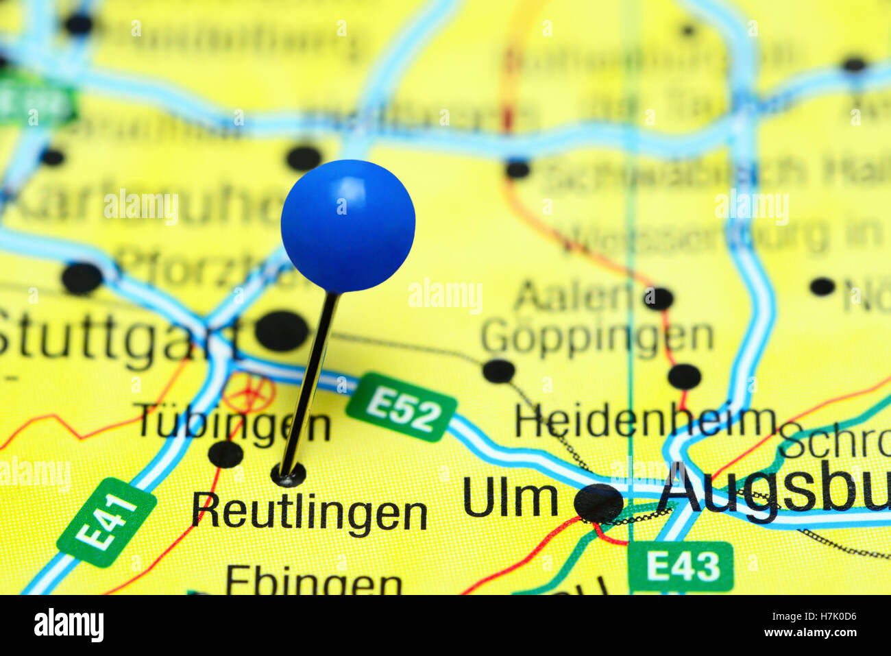 Reutlingen, fixiert auf einer Karte von Deutschland Stockfoto
